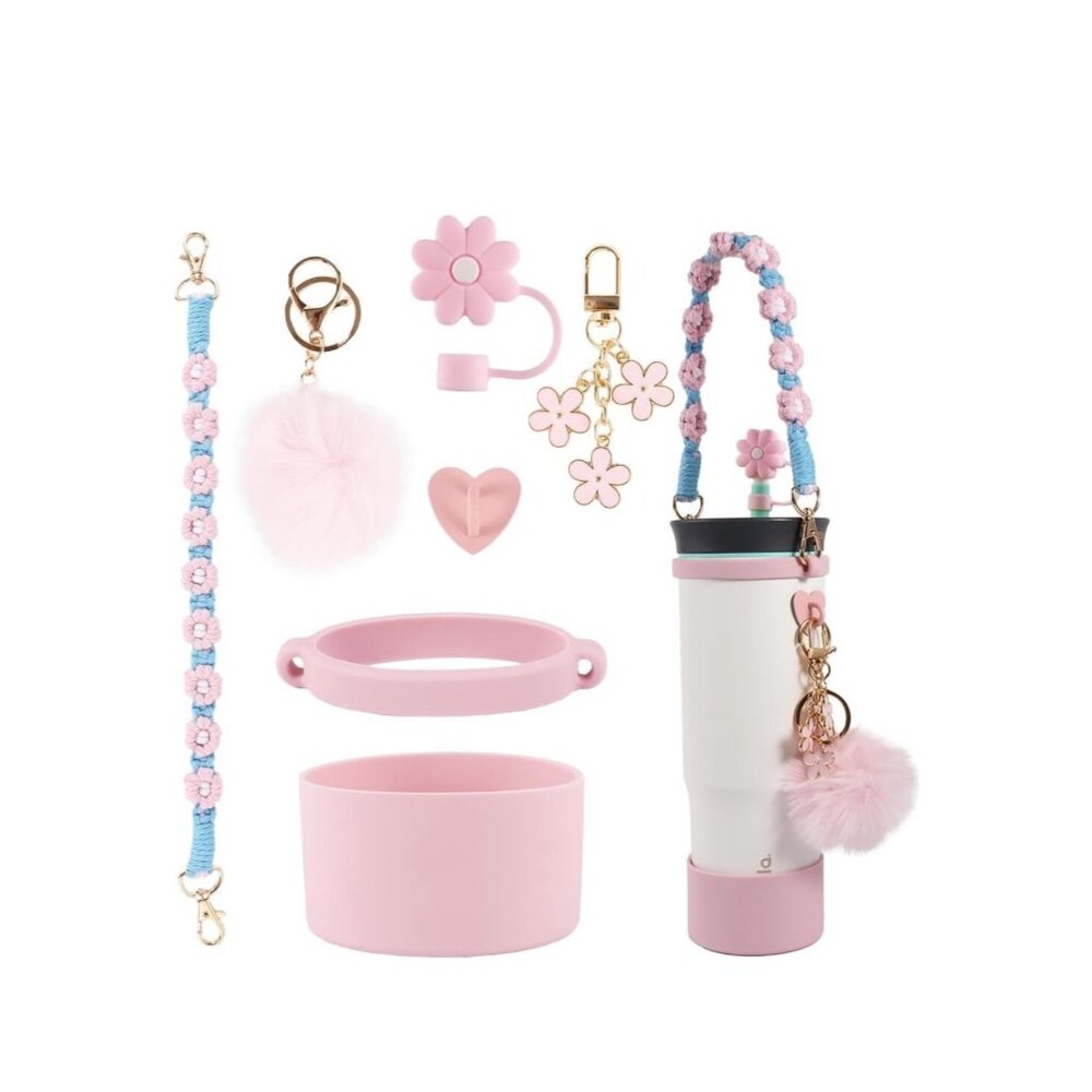 Accessories for Stanley w Pink Floral Strap Pom Pom Keychain for Water Bottles